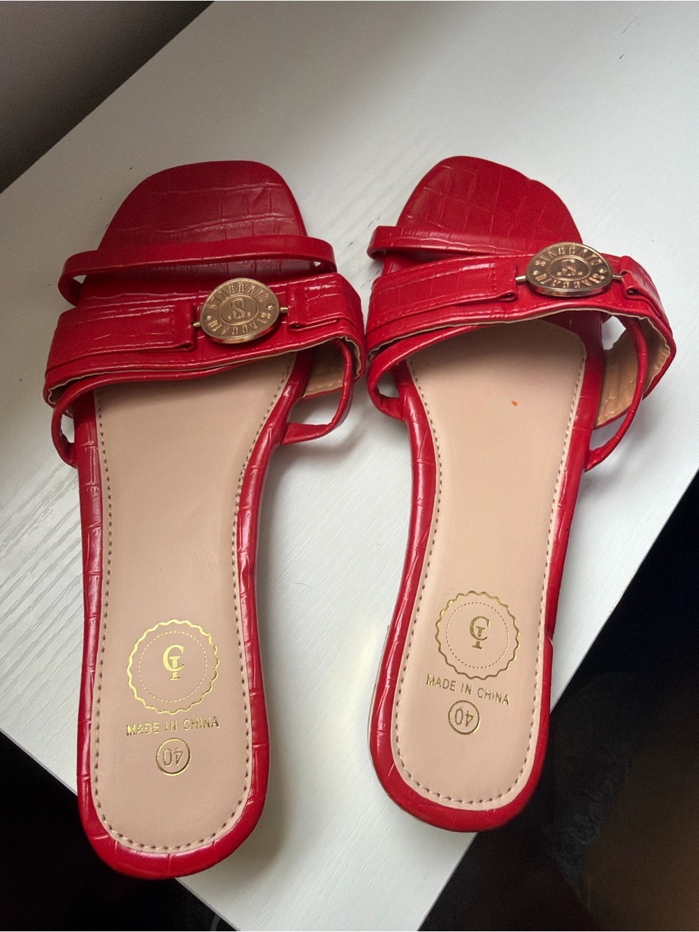Red Croc-Texture Slide Mules with Gold Emblem